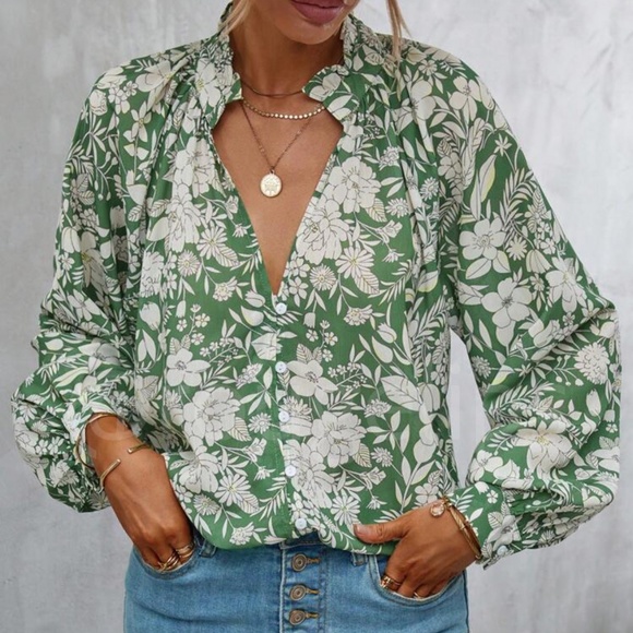 Floral Print Green White Button Down Shirt Bishop Long Sleeve - Picture 8 of 11